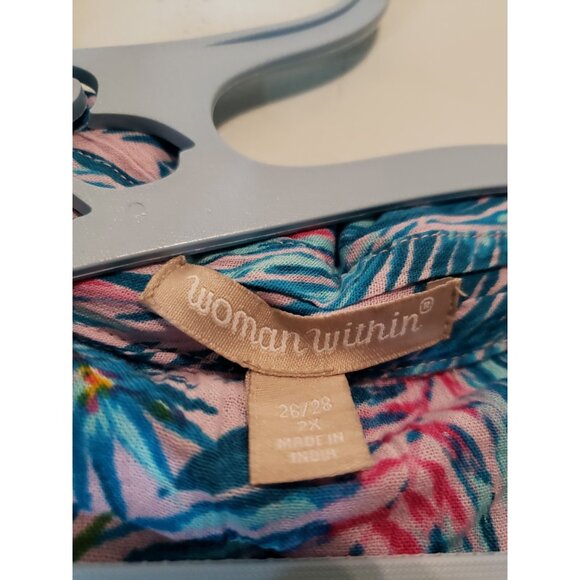 Woman Within Plus 2X Tunic Top Bold Tropical Button Front 100% Cotton Office - Picture 5 of 6